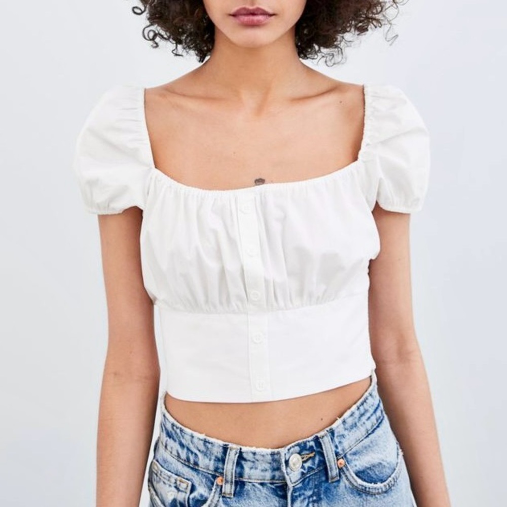 ZARA Poplin Puff Sleeve Button Crop Top